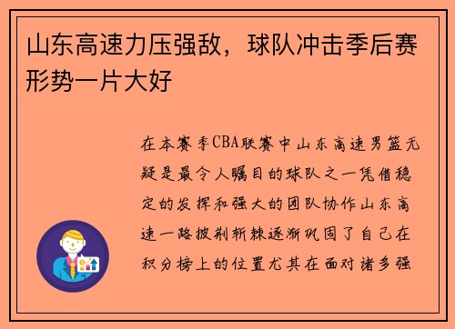 山东高速力压强敌，球队冲击季后赛形势一片大好