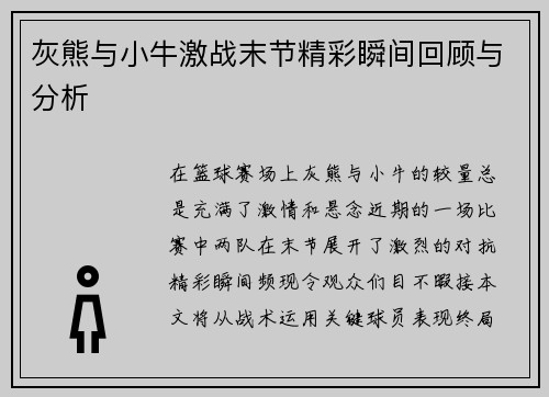 灰熊与小牛激战末节精彩瞬间回顾与分析