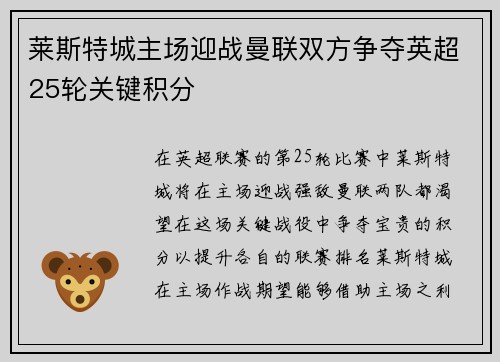 莱斯特城主场迎战曼联双方争夺英超25轮关键积分